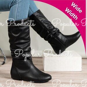 Mid-Calf Ruched Zip Boots, Black